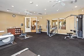Mesa apartment for rent - A spacious gym with a variety of equipment including a treadmill, weights, and a bench press. at Superstition Canyon Apartments, Mesa
