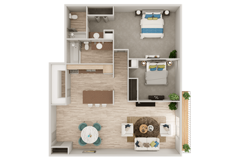 Floor plan for 2 beds, 2 baths, 955 sqft