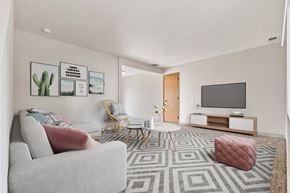 Post Falls townhouse for rent - a living room with white walls and a gray and white rug