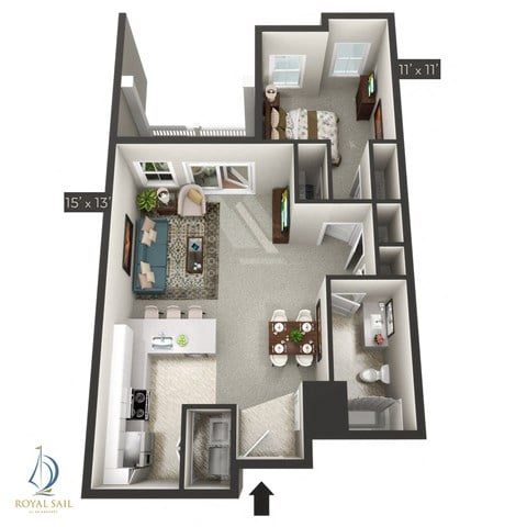Floor plan for 1 bed, 1 bath, 777 sqft
