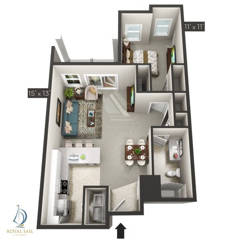 Floor plan for 1 bed, 1 bath, 790 sqft