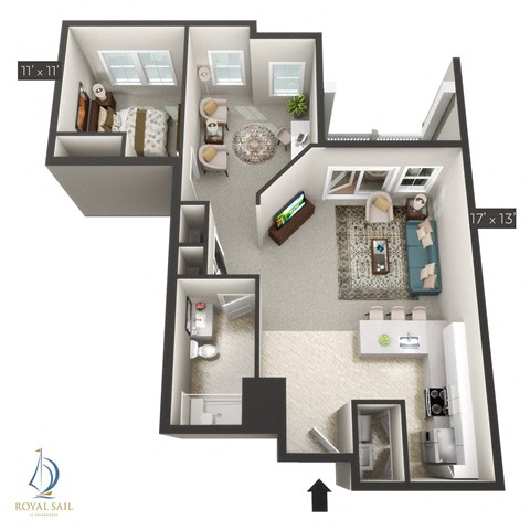 Floor plan for 1 bed, 1 bath, 950 sqft