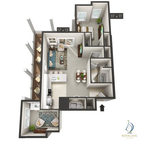 Floor plan for 1 bed, 1 bath, 933 sqft