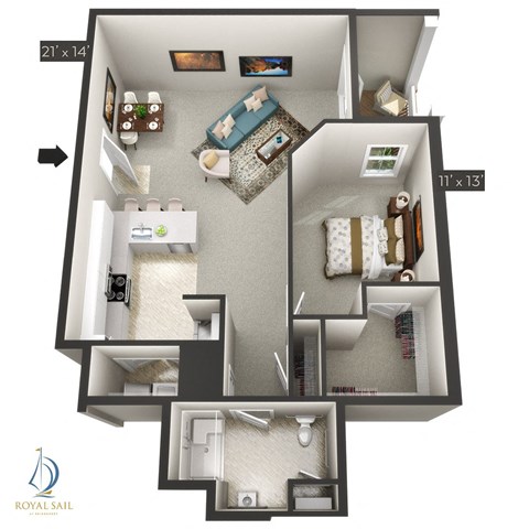 Floor plan for 1 bed, 1 bath, 959 sqft
