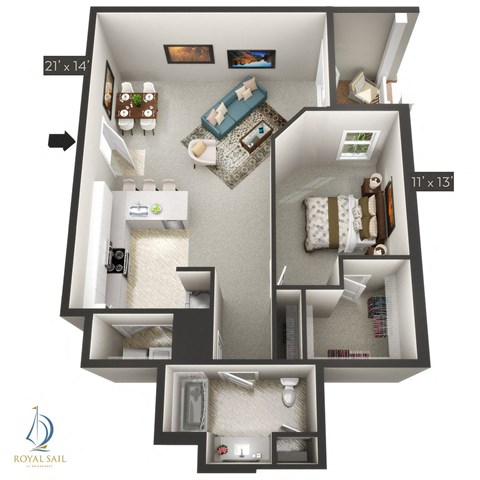 Floor plan for 1 bed, 1 bath, 959 sqft