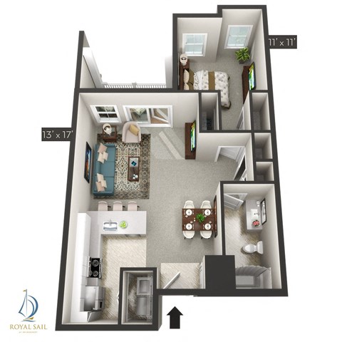 Floor plan for 1 bed, 1 bath, 774 sqft