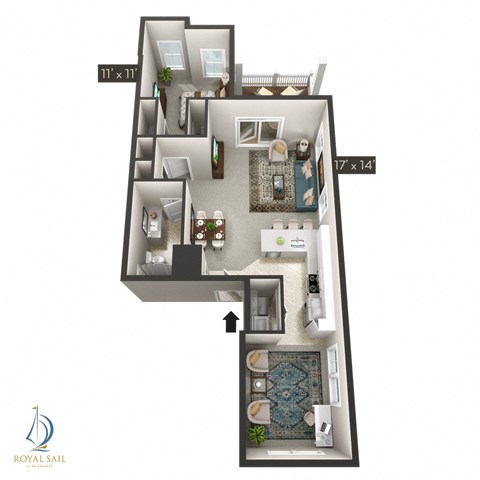 Floor plan for 1 bed, 1 bath, 934 sqft