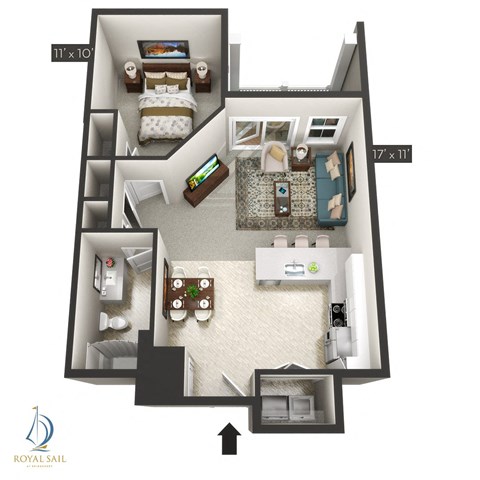 Floor plan for 1 bed, 1 bath, 730 sqft