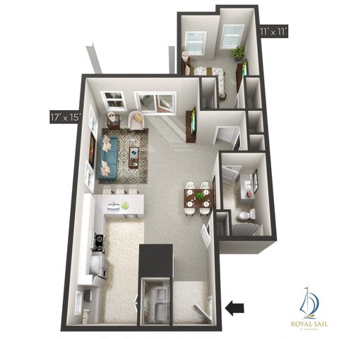 Floor plan for 1 bed, 1 bath, 973 sqft