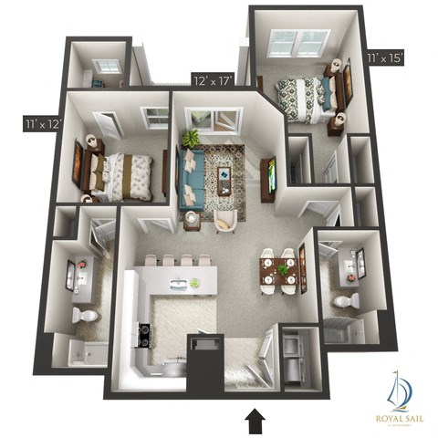 Floor plan for 2 beds, 2 baths, 1101 sqft