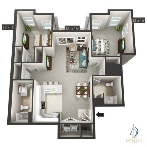 Floor plan for 2 beds, 2 baths, 1185 sqft