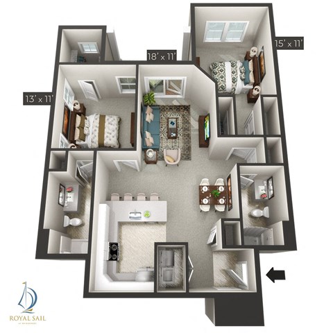 Floor plan for 2 beds, 2 baths, 1155 sqft