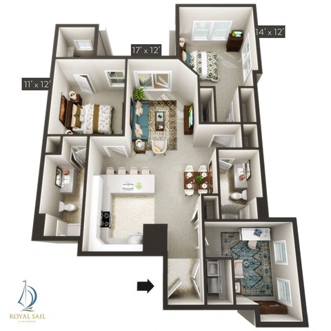 Floor plan for 2 beds, 2 baths, 1302 sqft