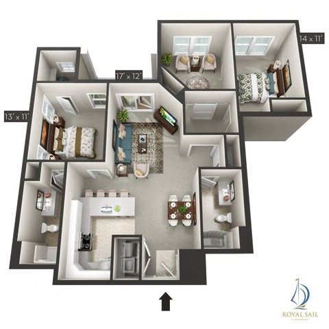 Floor plan for 2 beds, 2 baths, 1339 sqft