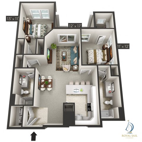 Floor plan for 2 beds, 2 baths, 1146 sqft