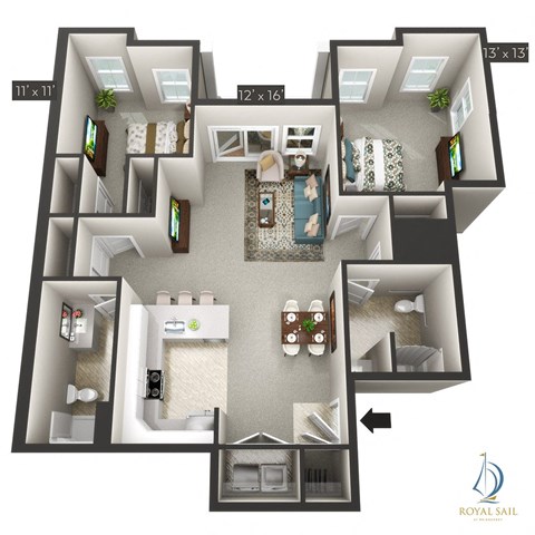 Floor plan for 2 beds, 2 baths, 1185 sqft