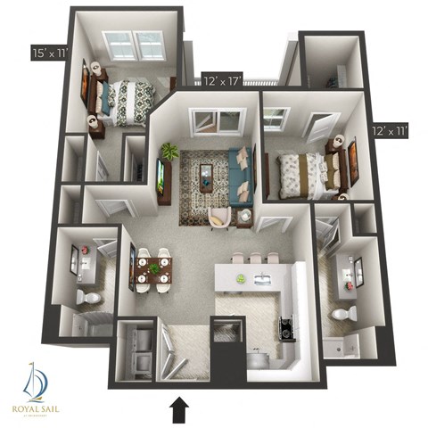 Floor plan for 2 beds, 2 baths, 1106 sqft