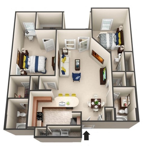 Floor plan for 2 beds, 2 baths, 1133 sqft