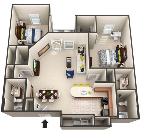 Floor plan for 2 beds, 2 baths, 1196 sqft