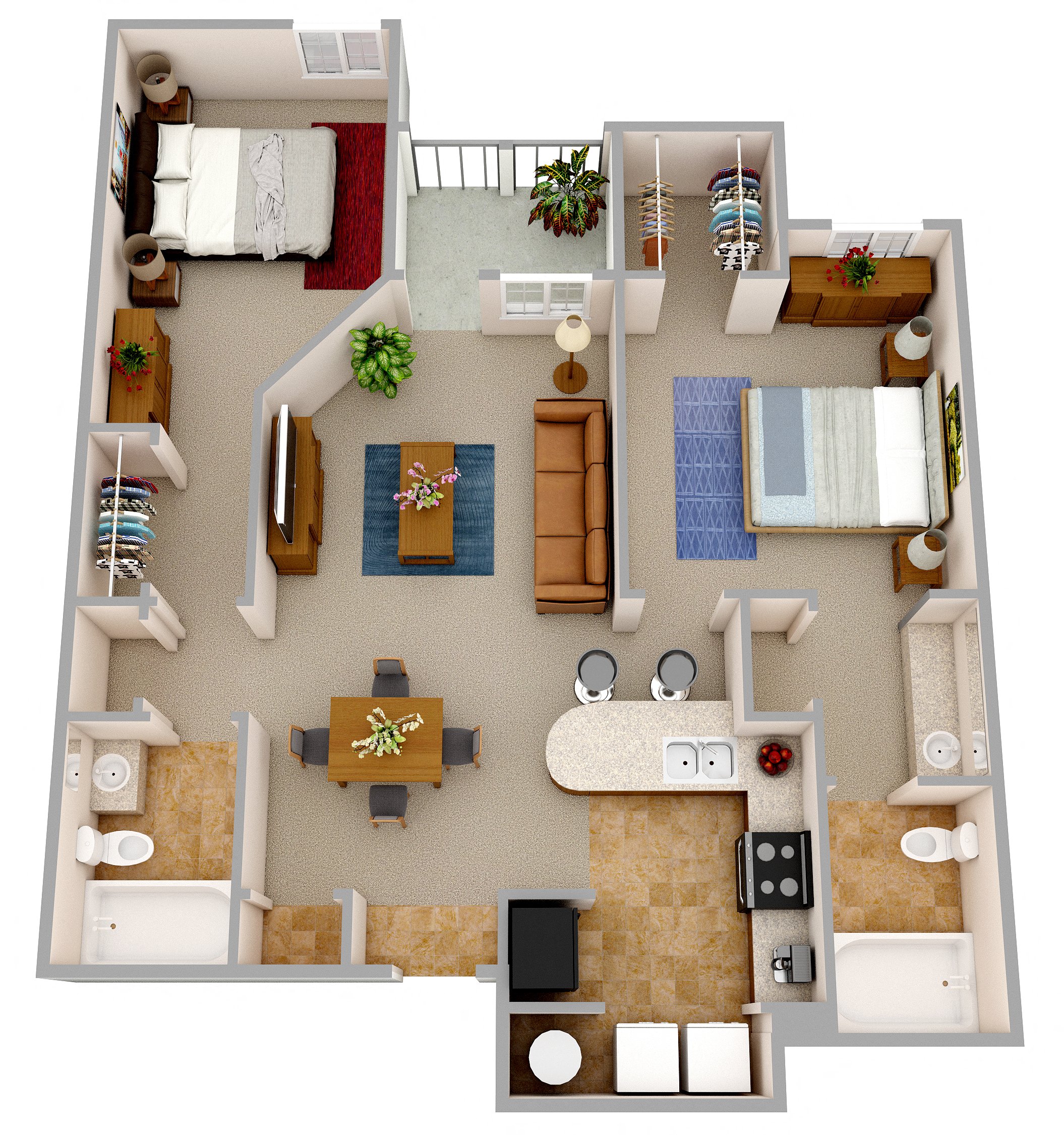 Floor plan for 2 beds, 2 baths, 1055 sqft