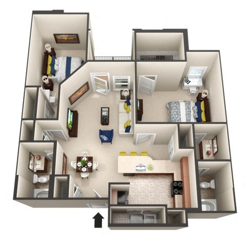 Floor plan for 2 beds, 2 baths, 1159 sqft