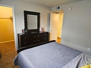 Newport News apartment for rent - a bedroom with a bed and a dresser with a mirror