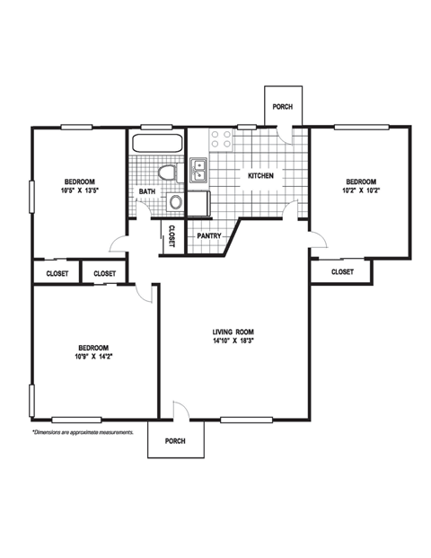 Floor plan for 3 beds, 1 bath, 1046 sqft