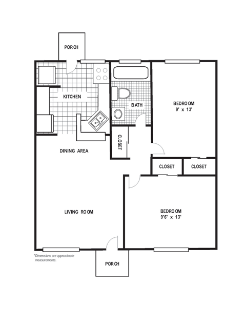 Floor plan for 2 beds, 1 bath, 718 sqft
