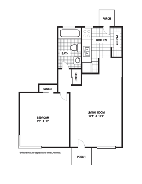 Floor plan for 1 bed, 1 bath, 576 sqft