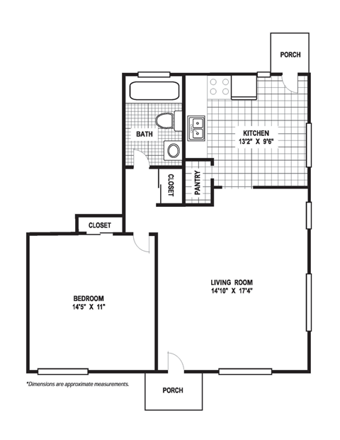 Floor plan for 1 bed, 1 bath, 710 sqft