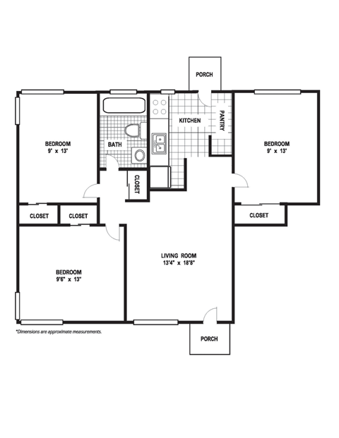 Floor plan for 3 beds, 1 bath, 851 sqft
