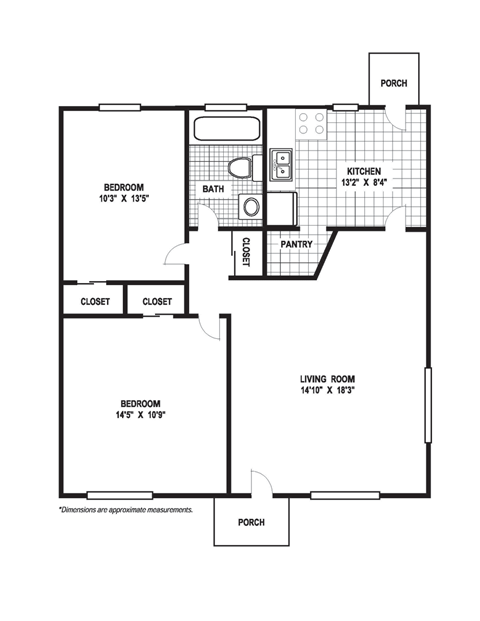 Floor plan for 2 beds, 1 bath, 880 sqft