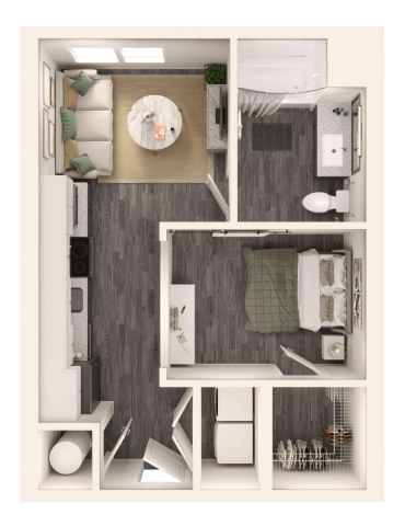Floor plan for 1 bed, 1 bath, 496 sqft