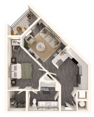 Floor plan for 1 bed, 1 bath, 657 sqft