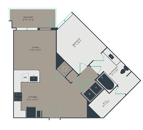 Floor plan for 1 bed, 1 bath, 821 sqft