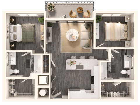 Floor plan for 2 beds, 2 baths, 952 sqft