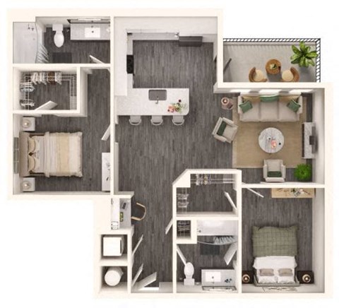 Floor plan for 2 beds, 2 baths, 1102 sqft