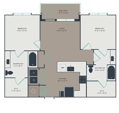 Floor plan for 2 beds, 2 baths, 1027 sqft