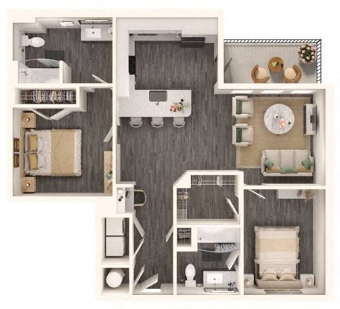 Floor plan for 2 beds, 2 baths, 1102 sqft
