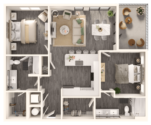 Floor plan for 2 beds, 2 baths, 1151 sqft