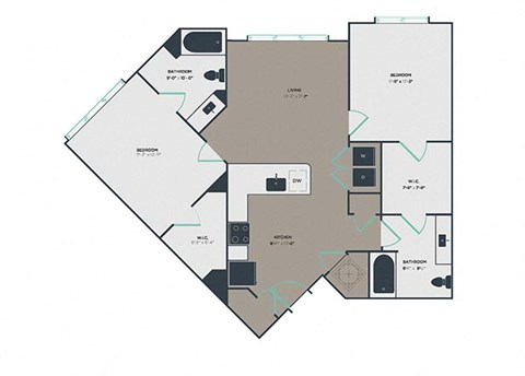 Floor plan for 2 beds, 2 baths, 1134 sqft