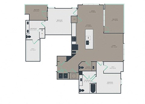 Floor plan for 2 beds, 2.5 baths, 1686 sqft