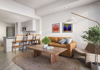A living room with a couch and a coffee table in front of a dining room