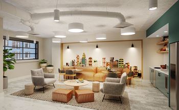 Cozy lounge area with mural and demo kitchen