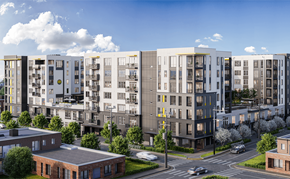 Charlotte apartment for rent - a rendering of an apartment complex on a city street at Link Apartments® Mint Street, North Carolina