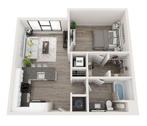 Floor plan for 1 bed, 1 bath, 761 sqft