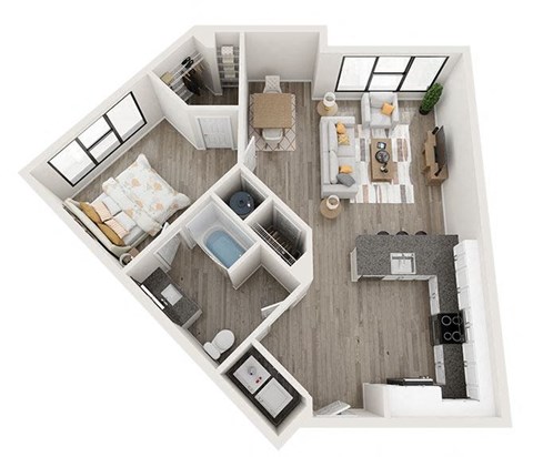 Floor plan for 1 bed, 1 bath, 887 sqft