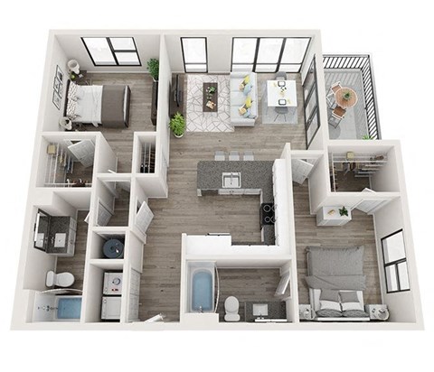 Floor plan for 2 beds, 2 baths, 1107 sqft