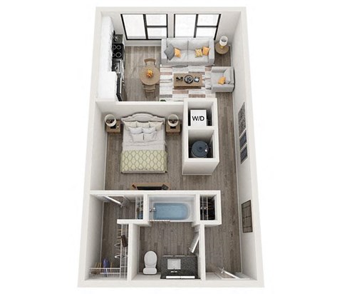 Floor plan for 1 bed, 1 bath, 584 sqft