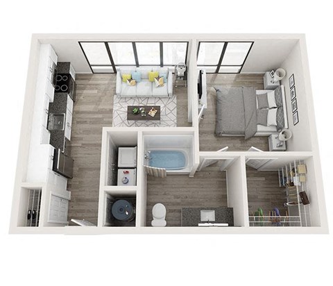 Floor plan for 1 bed, 1 bath, 584 sqft